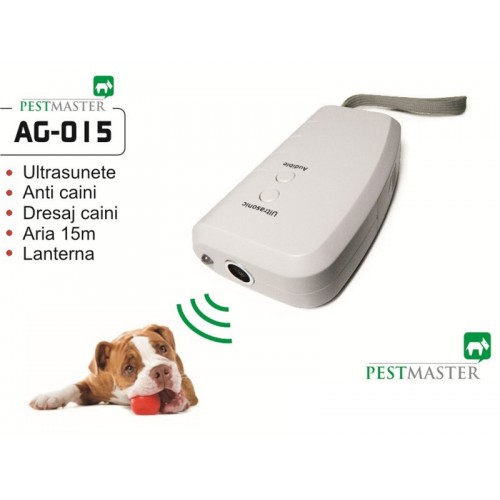 Pestmaster AG015 - Aparat cu ultrasunete pentru dresarea cainilor domestici sau alungarea cainilor agresivi cu actiune pe o suprafata de 15 m